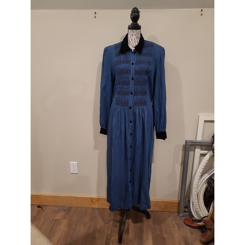 Vtg Coldwater Creek Blue Button Down midi Dress w/velvet trim smocking Women M